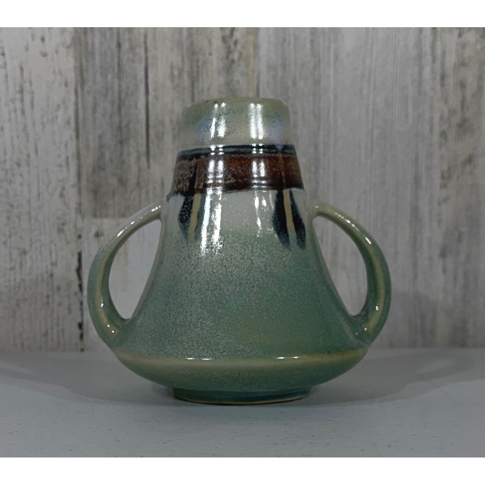 Double Handled Ceramic Bud Vase Sage Green Feather MCM Vintage Made in Japan